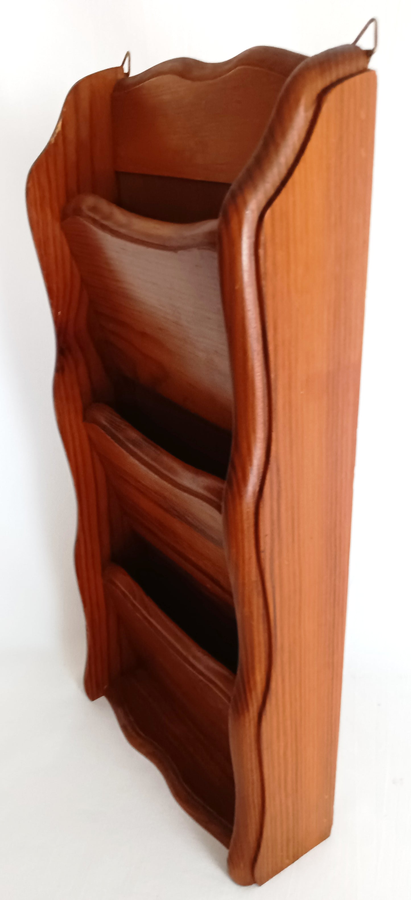Vintage Kamenstein Wooden Vertical Wall Hanging 3 Tier Letter Mail Organizer Brown Finish Scallop Side Panels-Thailand