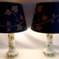 Vintage Pair MCM Milk Glass Table Lamps Transfer Print Green Ivy Leaves Design Brass Drum Shaped Paper Parchment Shades Retro Lighting