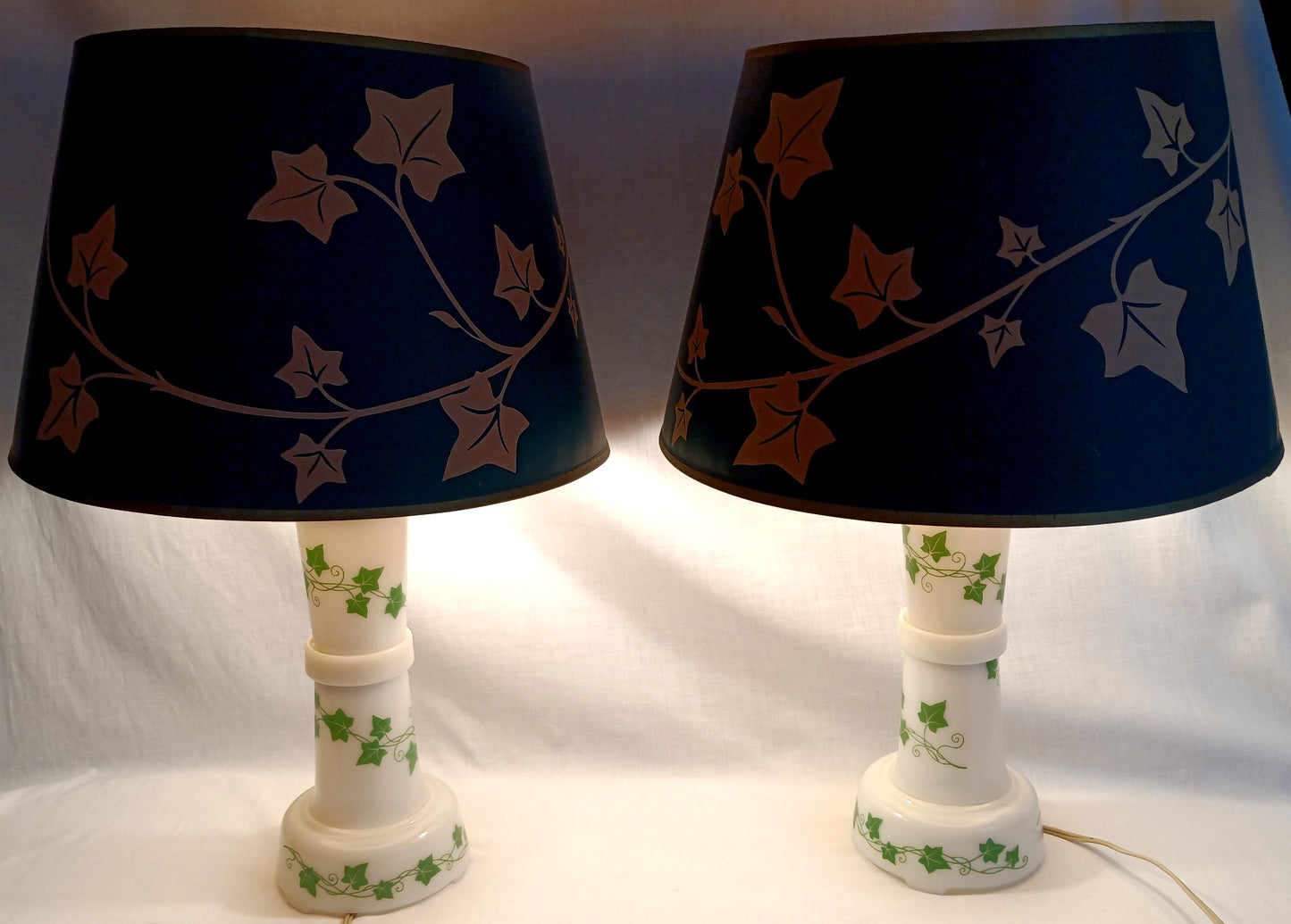 Vintage Pair MCM Milk Glass Table Lamps Transfer Print Green Ivy Leaves Design Brass Drum Shaped Paper Parchment Shades Retro Lighting