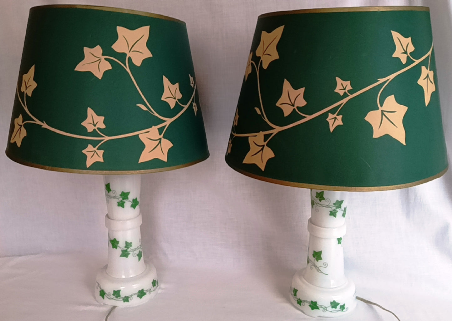 Vintage Pair MCM Milk Glass Table Lamps Transfer Print Green Ivy Leaves Design Brass Drum Shaped Paper Parchment Shades Retro Lighting