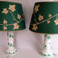 Vintage Pair MCM Milk Glass Table Lamps Transfer Print Green Ivy Leaves Design Brass Drum Shaped Paper Parchment Shades Retro Lighting