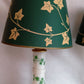 Vintage Pair MCM Milk Glass Table Lamps Transfer Print Green Ivy Leaves Design Brass Drum Shaped Paper Parchment Shades Retro Lighting