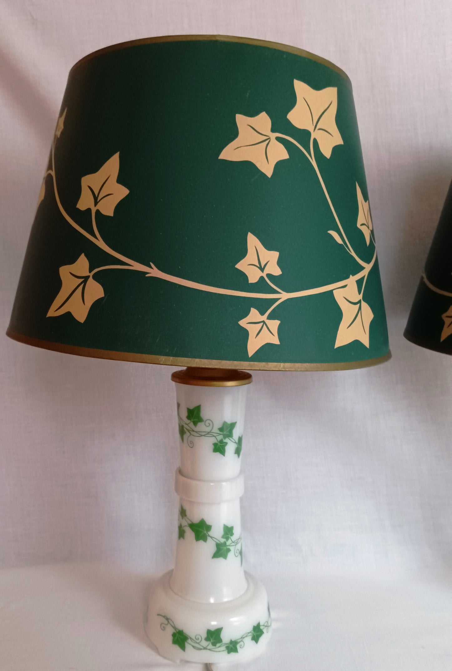 Vintage Pair MCM Milk Glass Table Lamps Transfer Print Green Ivy Leaves Design Brass Drum Shaped Paper Parchment Shades Retro Lighting