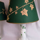 Vintage Pair MCM Milk Glass Table Lamps Transfer Print Green Ivy Leaves Design Brass Drum Shaped Paper Parchment Shades Retro Lighting