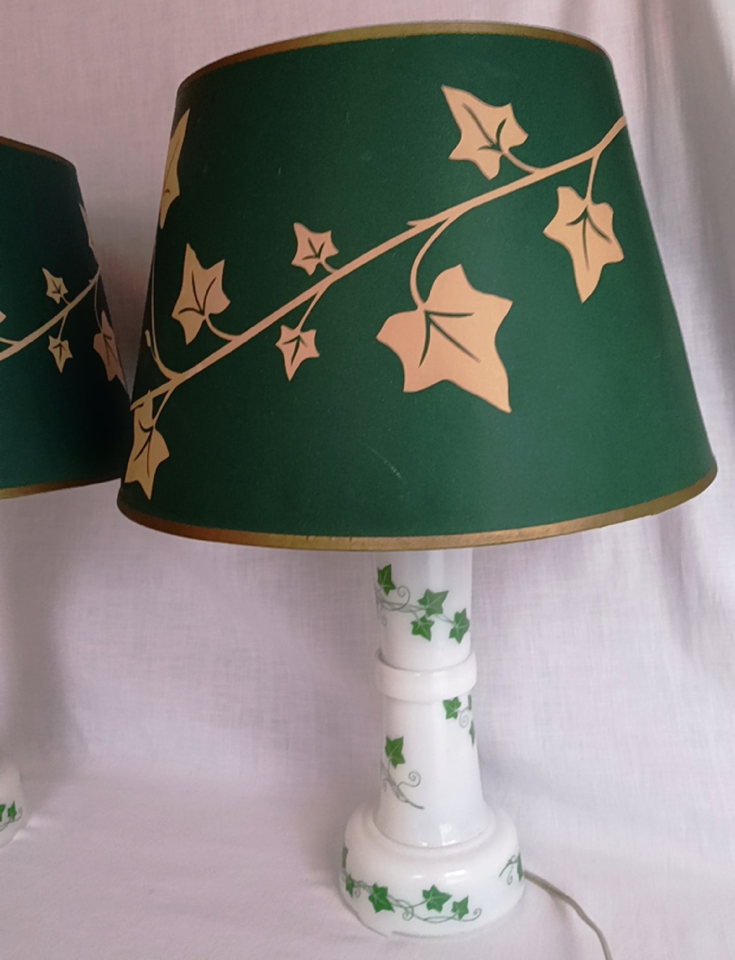 Vintage Pair MCM Milk Glass Table Lamps Transfer Print Green Ivy Leaves Design Brass Drum Shaped Paper Parchment Shades Retro Lighting