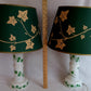 Vintage Pair MCM Milk Glass Table Lamps Transfer Print Green Ivy Leaves Design Brass Drum Shaped Paper Parchment Shades Retro Lighting