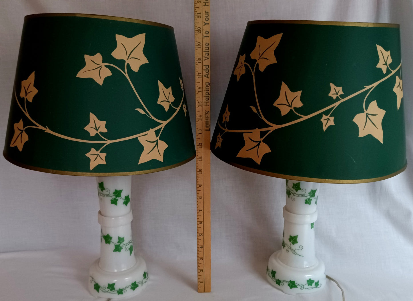 Vintage Pair MCM Milk Glass Table Lamps Transfer Print Green Ivy Leaves Design Brass Drum Shaped Paper Parchment Shades Retro Lighting
