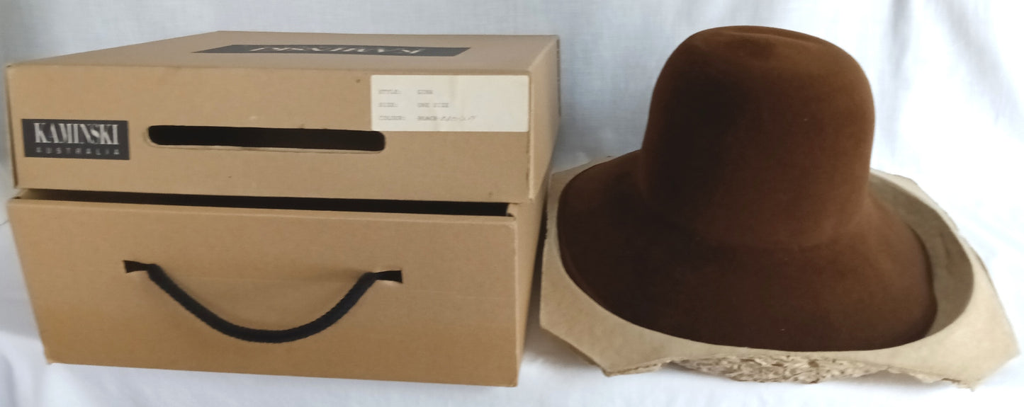 Vintage Helen Kaminski Australia Wool Brushed Felt Cloche Hat Chocolate Brown Wide Brim 22 Inches Circumference Original Storage Box –NIB