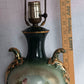 Vintage MCM George Martha Washington Style Porcelain Gilt Urn Tall Table Lamp 3 Way French Rococo Courting Couple Design Harp Finial