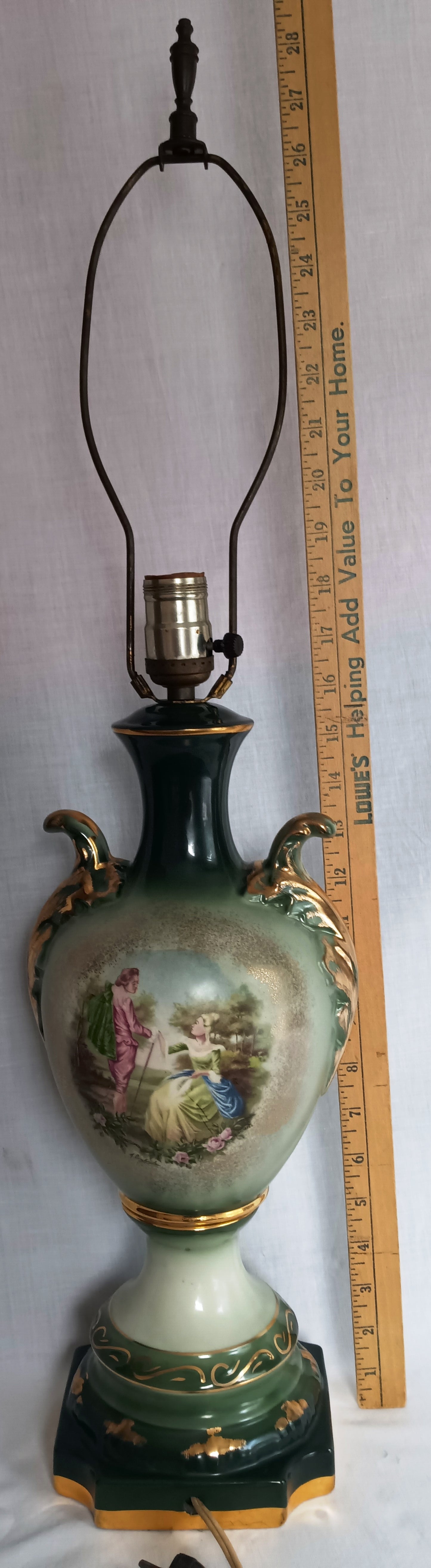 Vintage MCM George Martha Washington Style Porcelain Gilt Urn Tall Table Lamp 3 Way French Rococo Courting Couple Design Harp Finial