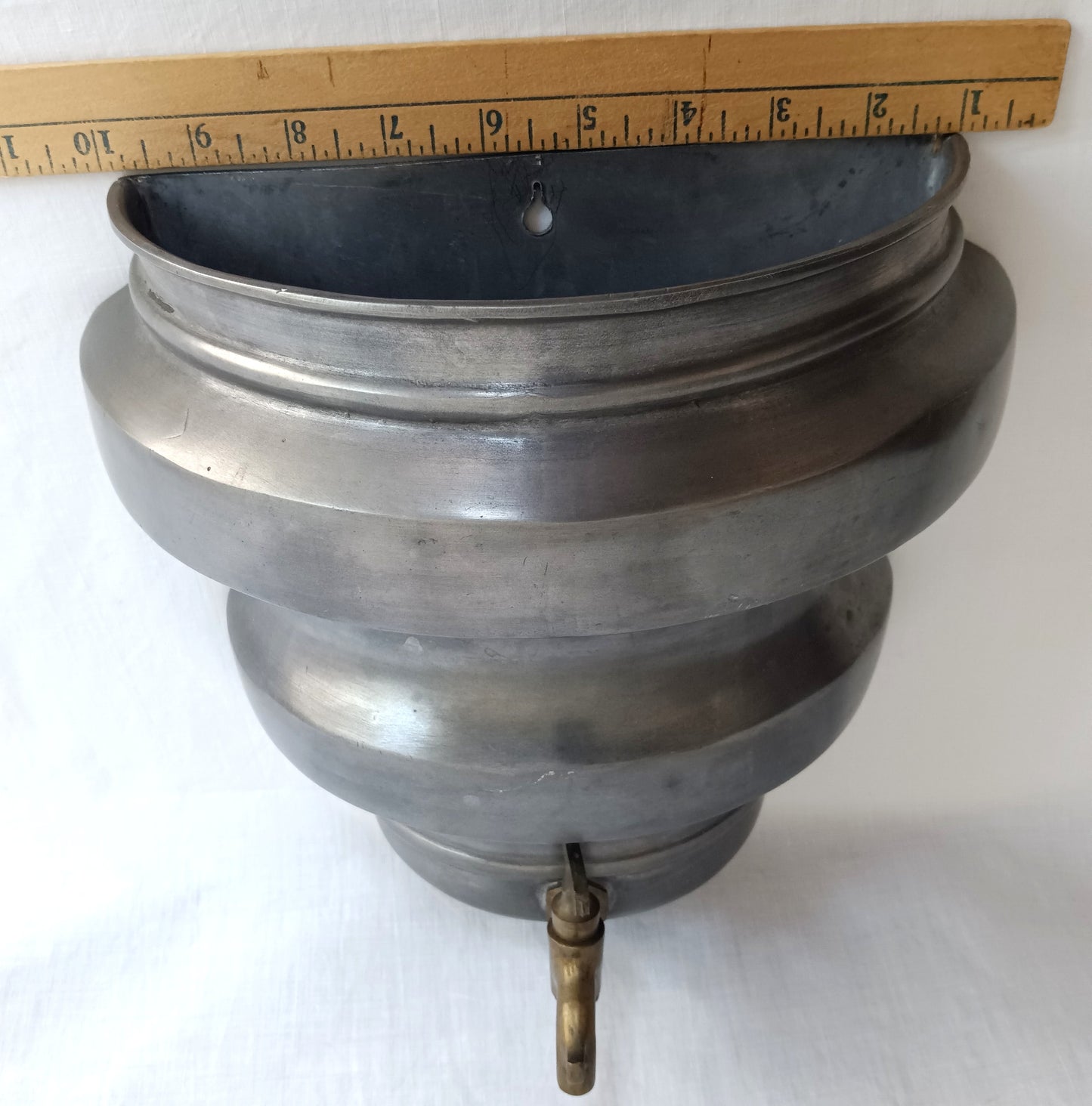 Antique Pewter Lavabo Wall Reservoir Water Fountain Pocket Vase Brass Turn-Spigot Marked CB-Made in Italy
