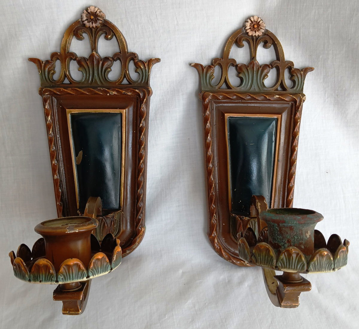 Antique Pair Wall Mounted Brass Metal Sconces Ornate Arched Top Floral Fluted Cup Gothic Revival Spanish Mediterranean Style