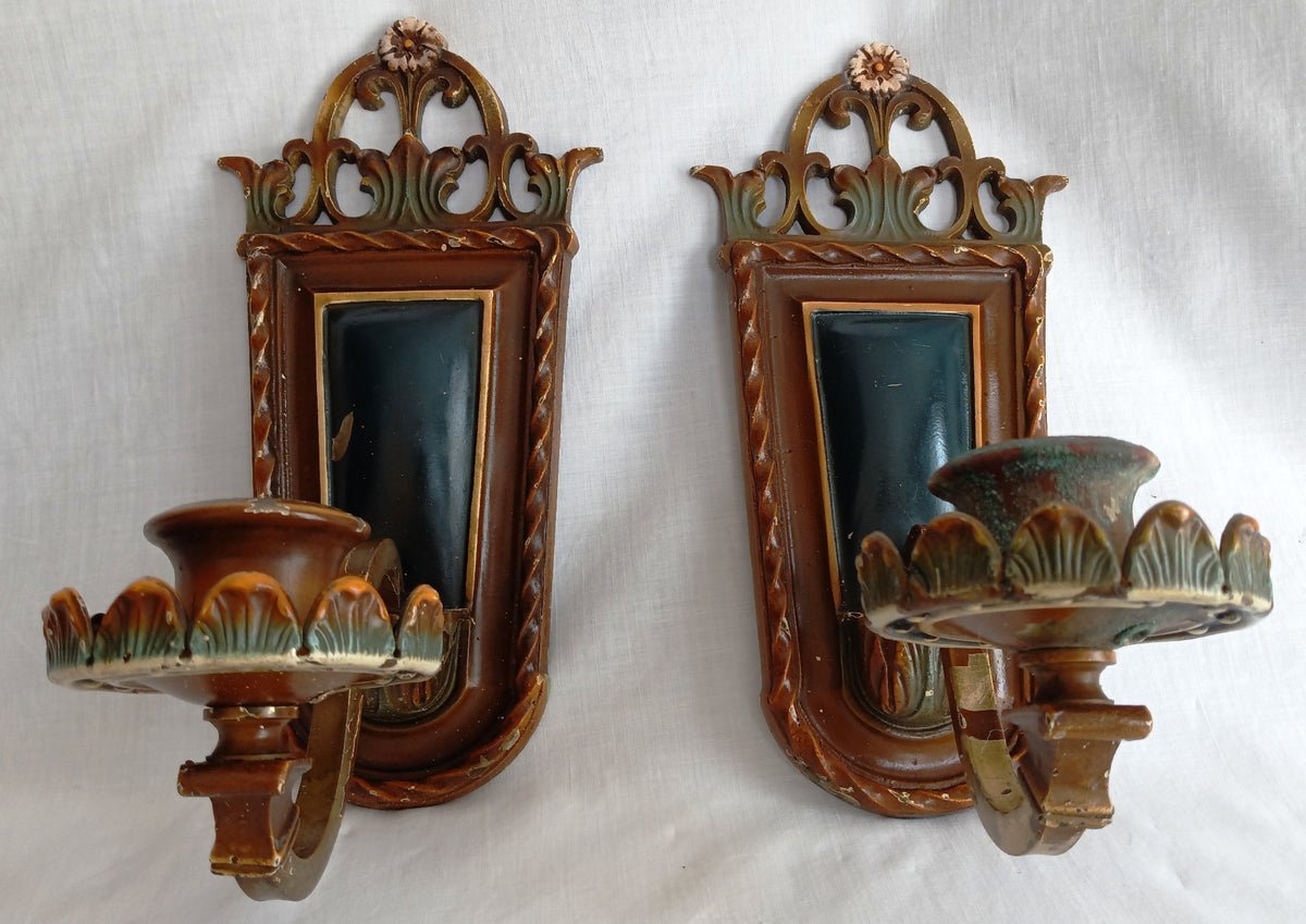 Antique Pair Wall Mounted Brass Metal Sconces Ornate Arched Top Floral Fluted Cup Gothic Revival Spanish Mediterranean Style