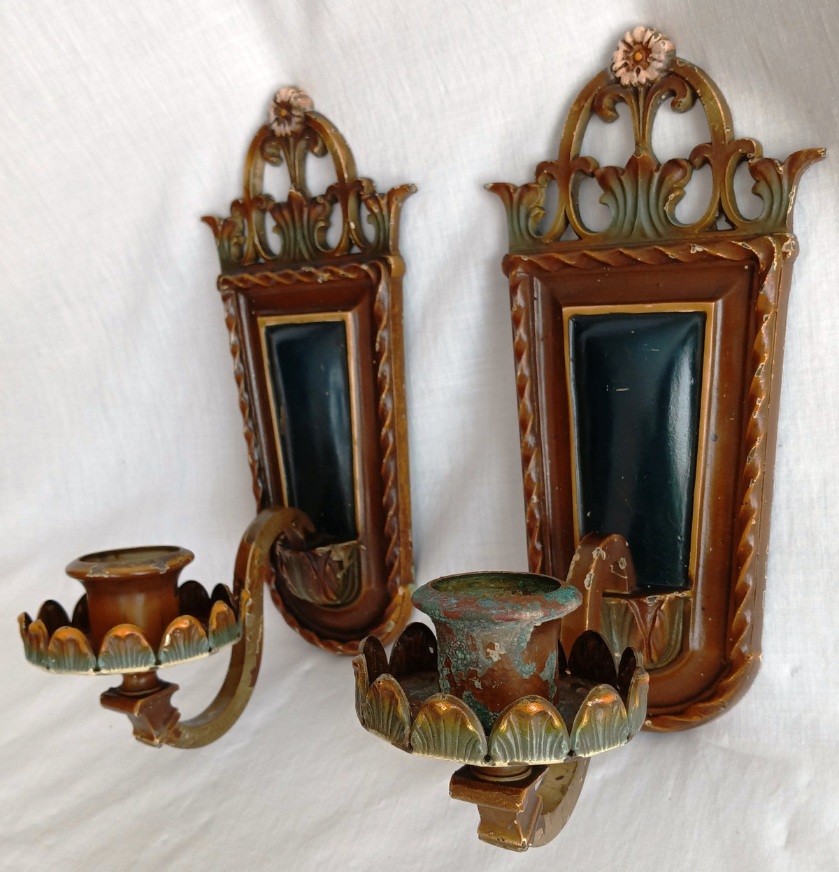 Antique Pair Wall Mounted Brass Metal Sconces Ornate Arched Top Floral Fluted Cup Gothic Revival Spanish Mediterranean Style
