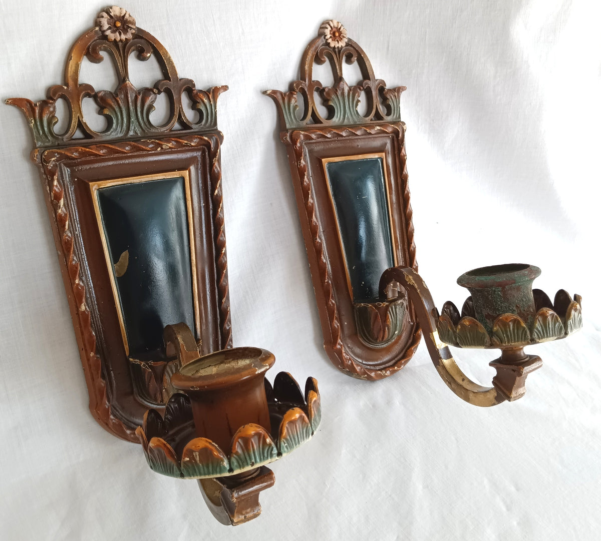 Antique Pair Wall Mounted Brass Metal Sconces Ornate Arched Top Floral Fluted Cup Gothic Revival Spanish Mediterranean Style
