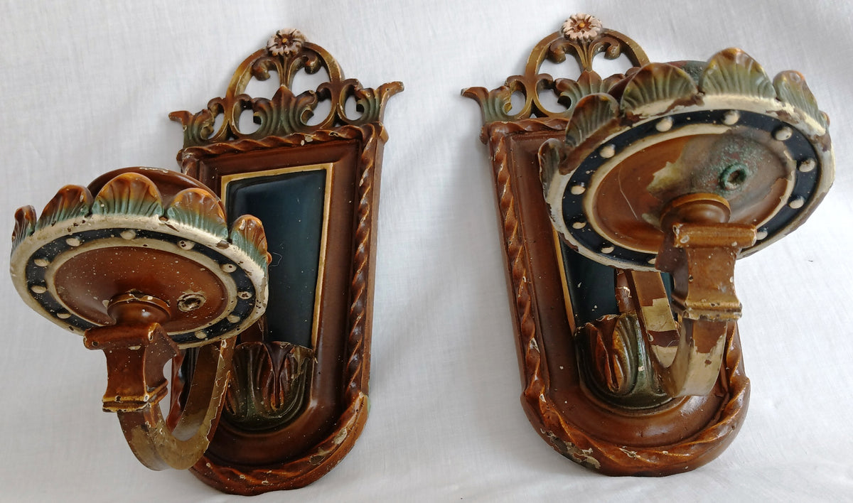 Antique Pair Wall Mounted Brass Metal Sconces Ornate Arched Top Floral Fluted Cup Gothic Revival Spanish Mediterranean Style