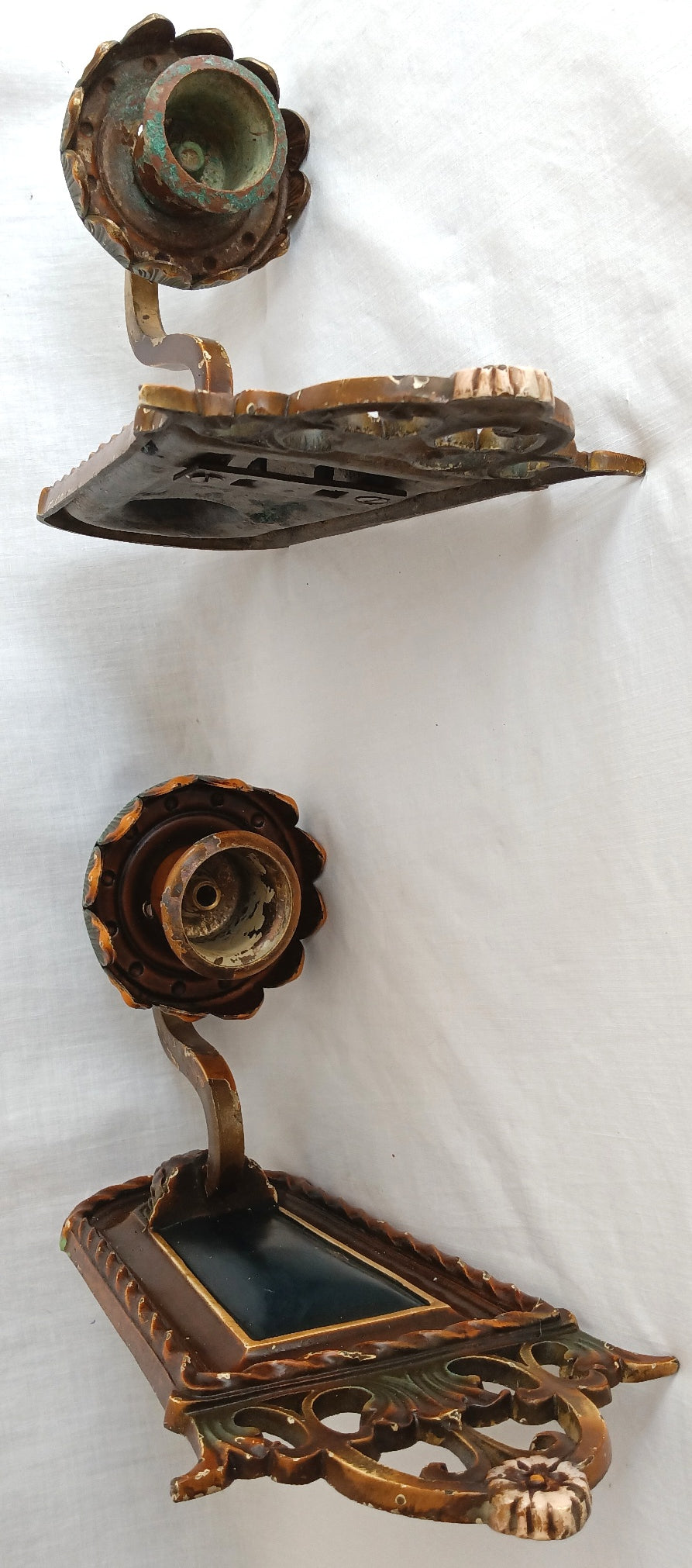 Antique Pair Wall Mounted Brass Metal Sconces Ornate Arched Top Floral Fluted Cup Gothic Revival Spanish Mediterranean Style