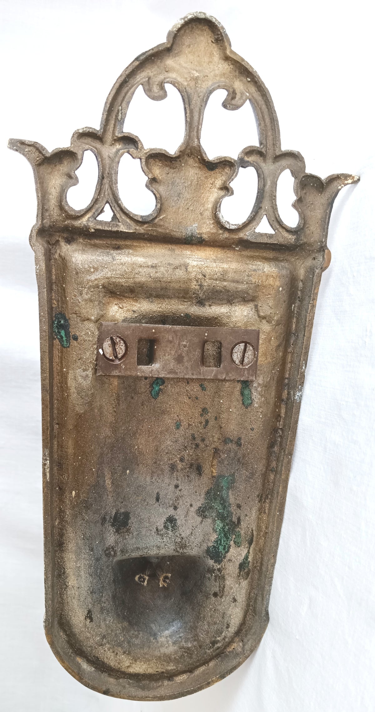 Antique Pair Wall Mounted Brass Metal Sconces Ornate Arched Top Floral Fluted Cup Gothic Revival Spanish Mediterranean Style