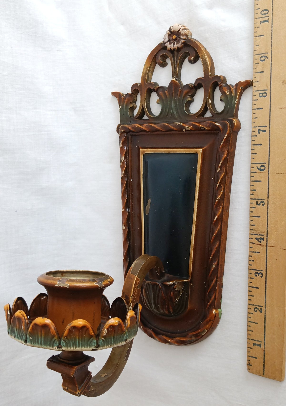 Antique Pair Wall Mounted Brass Metal Sconces Ornate Arched Top Floral Fluted Cup Gothic Revival Spanish Mediterranean Style