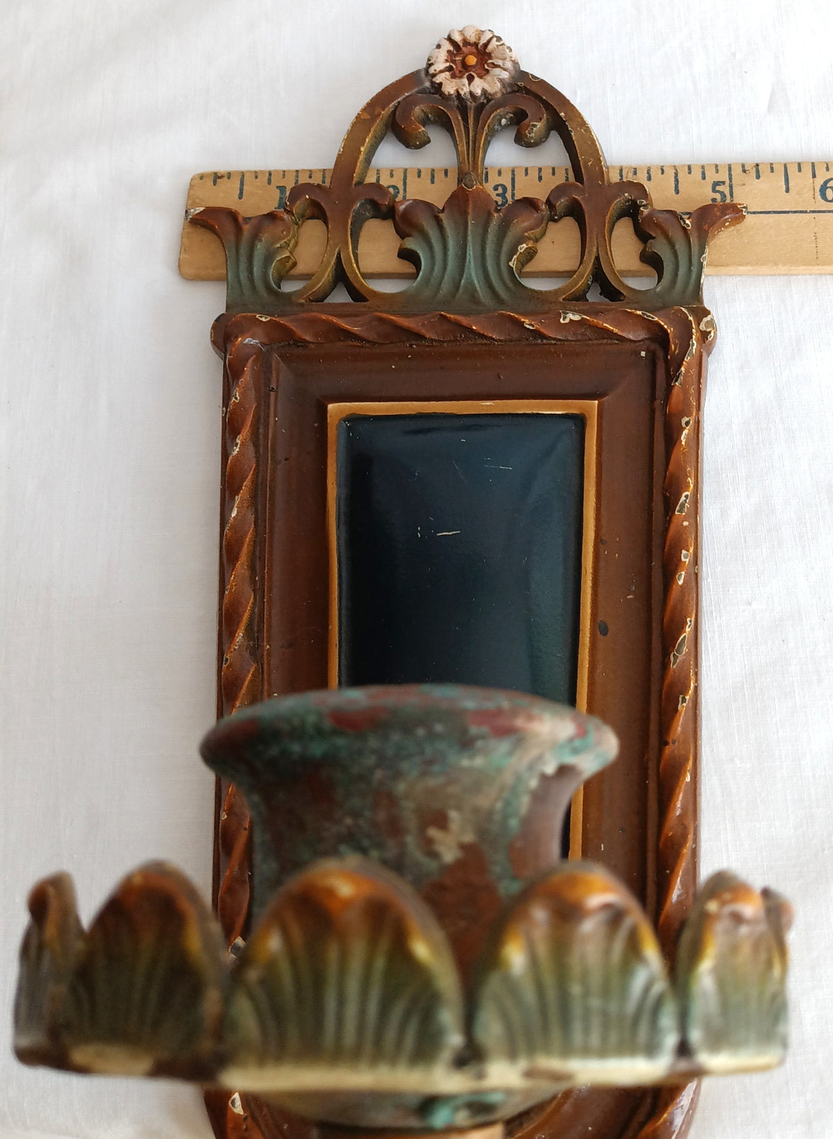 Antique Pair Wall Mounted Brass Metal Sconces Ornate Arched Top Floral Fluted Cup Gothic Revival Spanish Mediterranean Style