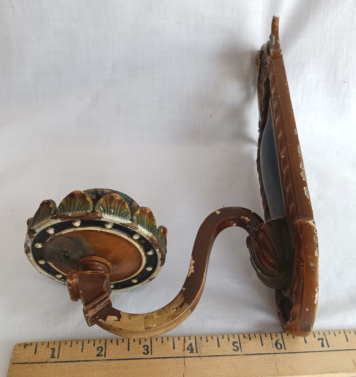 Antique Pair Wall Mounted Brass Metal Sconces Ornate Arched Top Floral Fluted Cup Gothic Revival Spanish Mediterranean Style