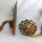 Antique Pair Wall Mounted Brass Metal Sconces Ornate Arched Top Floral Fluted Cup Gothic Revival Spanish Mediterranean Style
