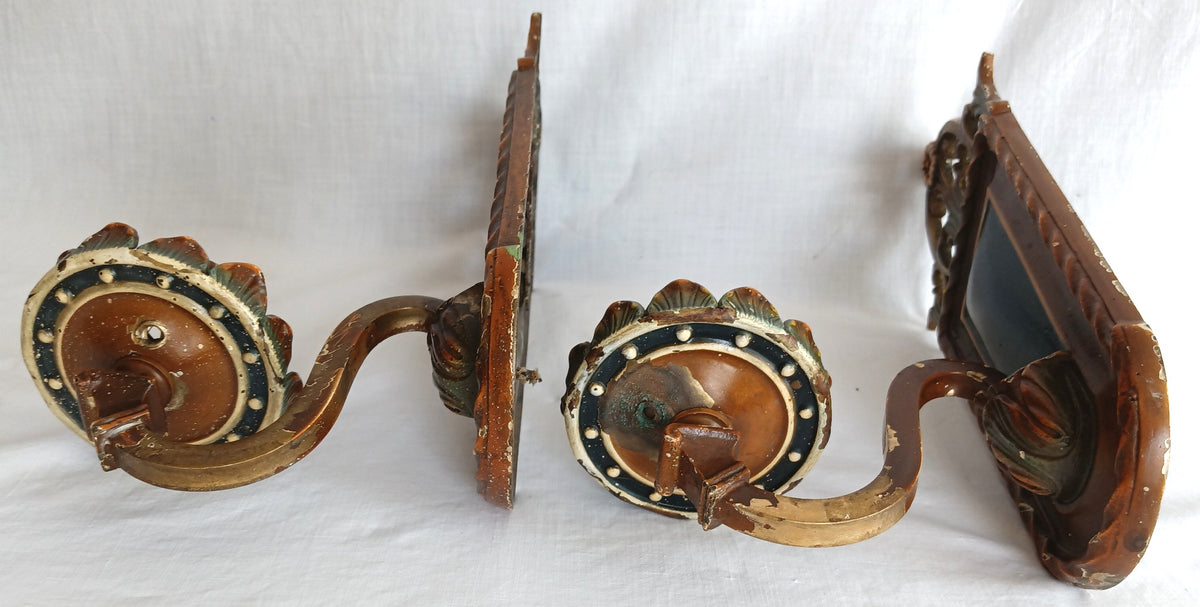 Antique Pair Wall Mounted Brass Metal Sconces Ornate Arched Top Floral Fluted Cup Gothic Revival Spanish Mediterranean Style