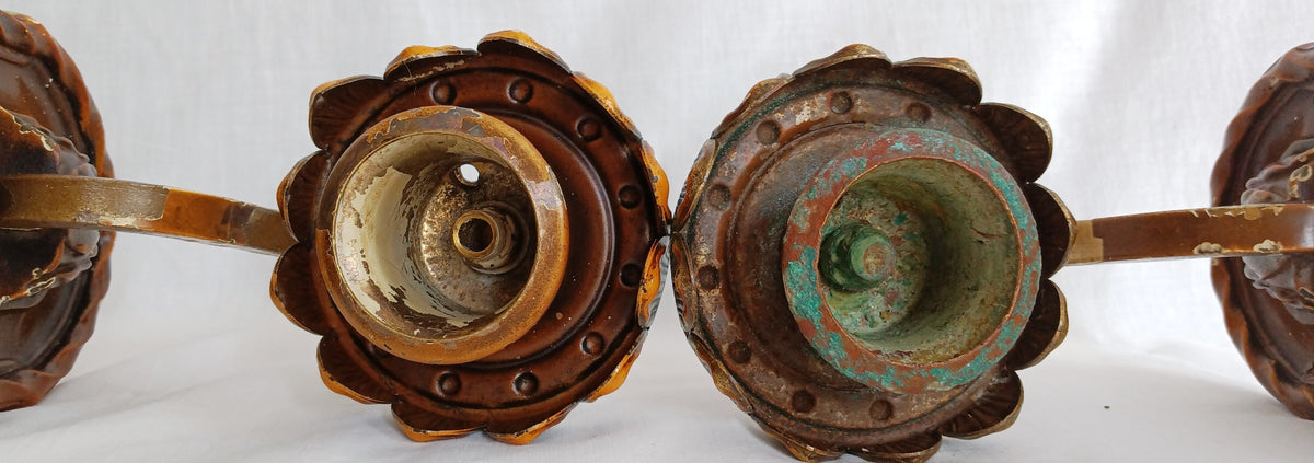 Antique Pair Wall Mounted Brass Metal Sconces Ornate Arched Top Floral Fluted Cup Gothic Revival Spanish Mediterranean Style