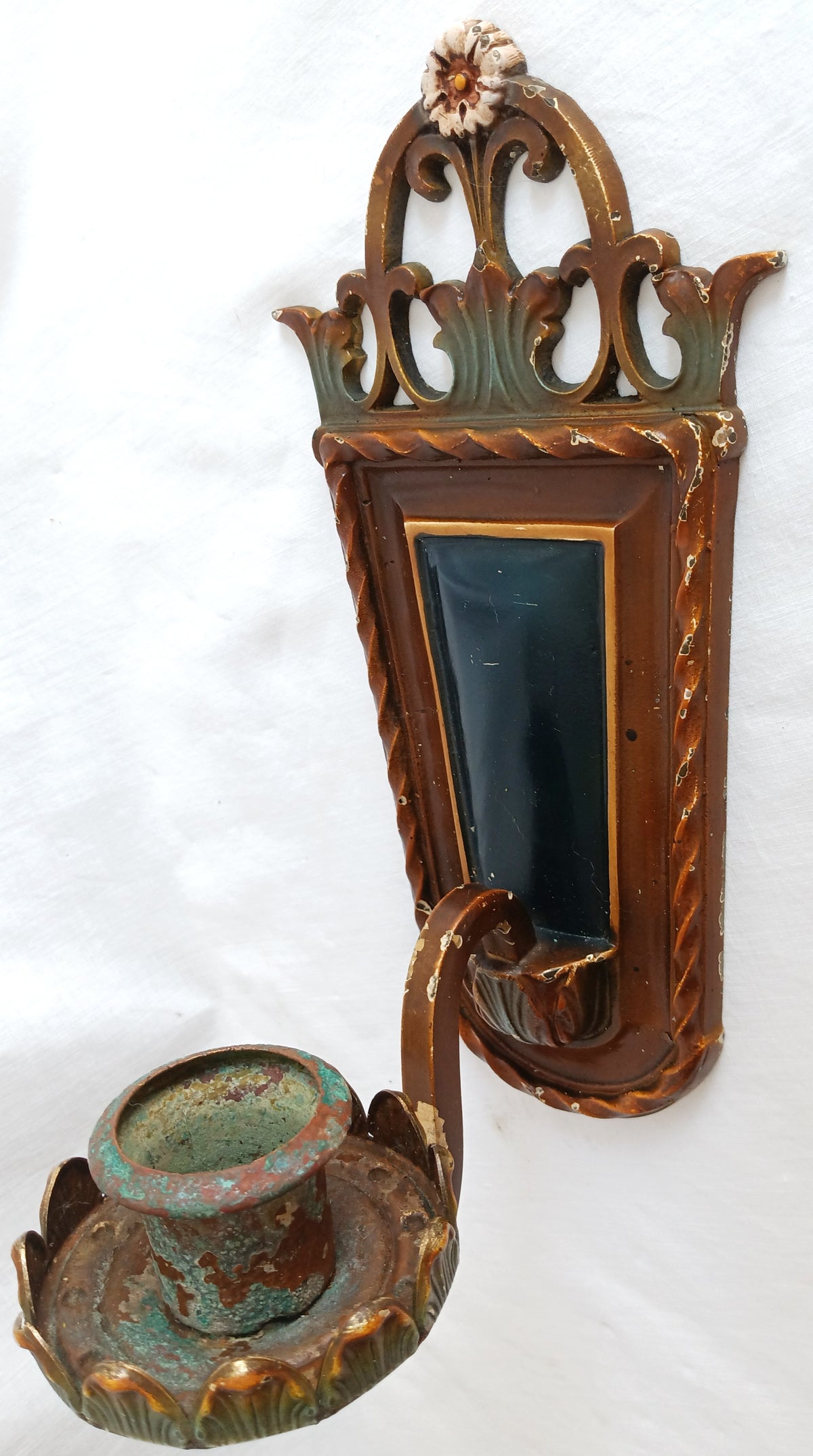 Antique Pair Wall Mounted Brass Metal Sconces Ornate Arched Top Floral Fluted Cup Gothic Revival Spanish Mediterranean Style