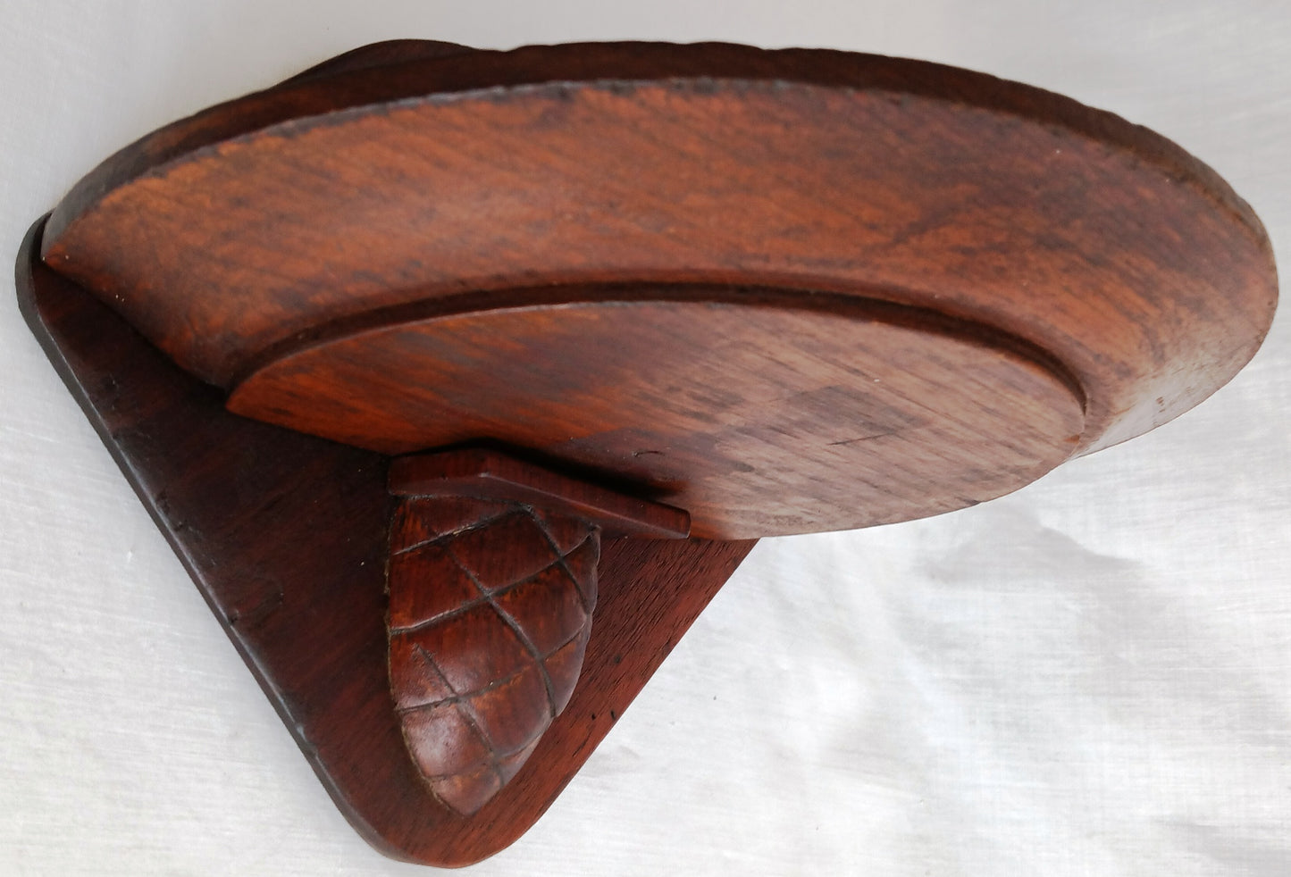 Antique Hand Carved Half Moon Wooden Wall Mount Sconce Shelf Hanging Wall Pocket Match Holder Pinecone Motif Small Items Display