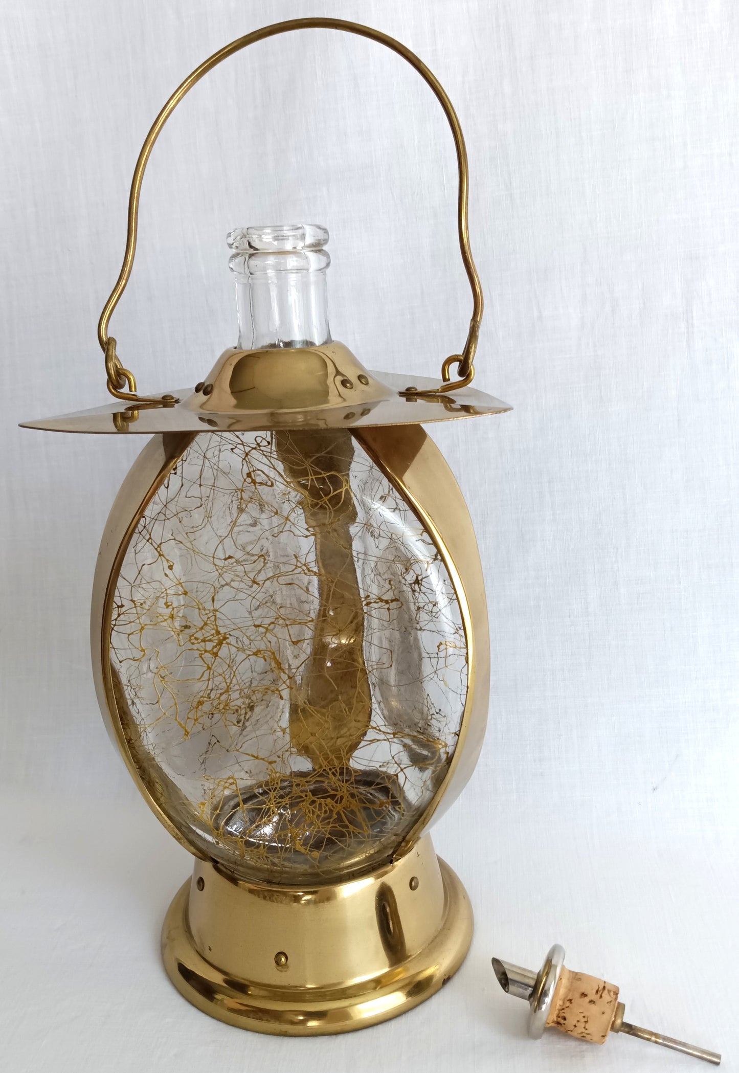 Vintage Mid Century Ship Lantern Liquor Decanter Brass Three-Sided d Glass Mechanical Music Box How Dry I Am Tune Novelty Barware–Japan-NOS