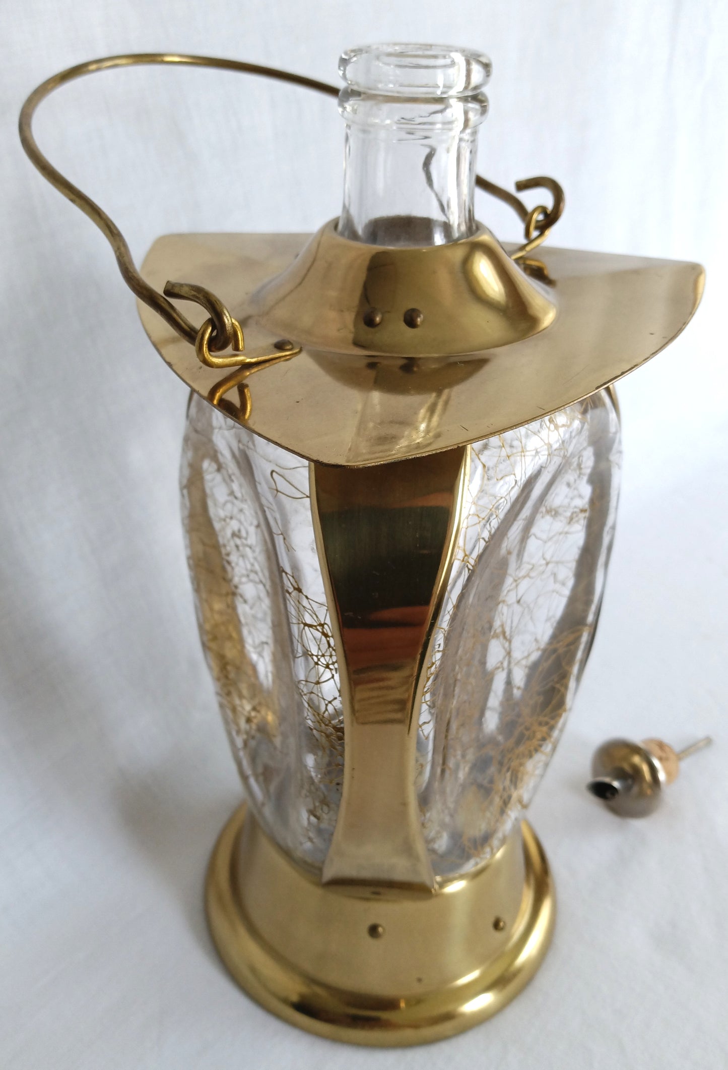 Vintage Mid Century Ship Lantern Liquor Decanter Brass Three-Sided d Glass Mechanical Music Box How Dry I Am Tune Novelty Barware–Japan-NOS
