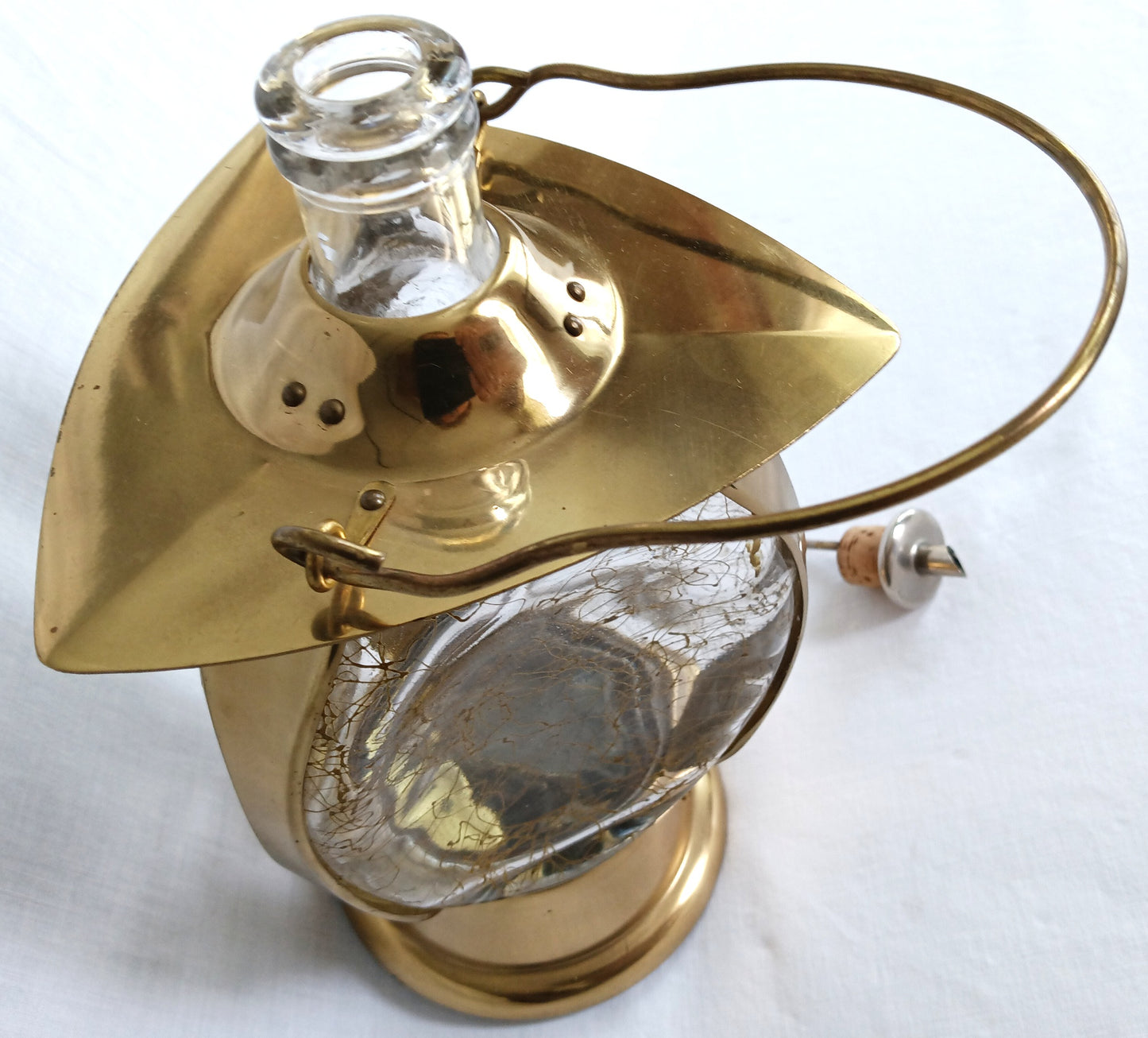 Vintage Mid Century Ship Lantern Liquor Decanter Brass Three-Sided d Glass Mechanical Music Box How Dry I Am Tune Novelty Barware–Japan-NOS