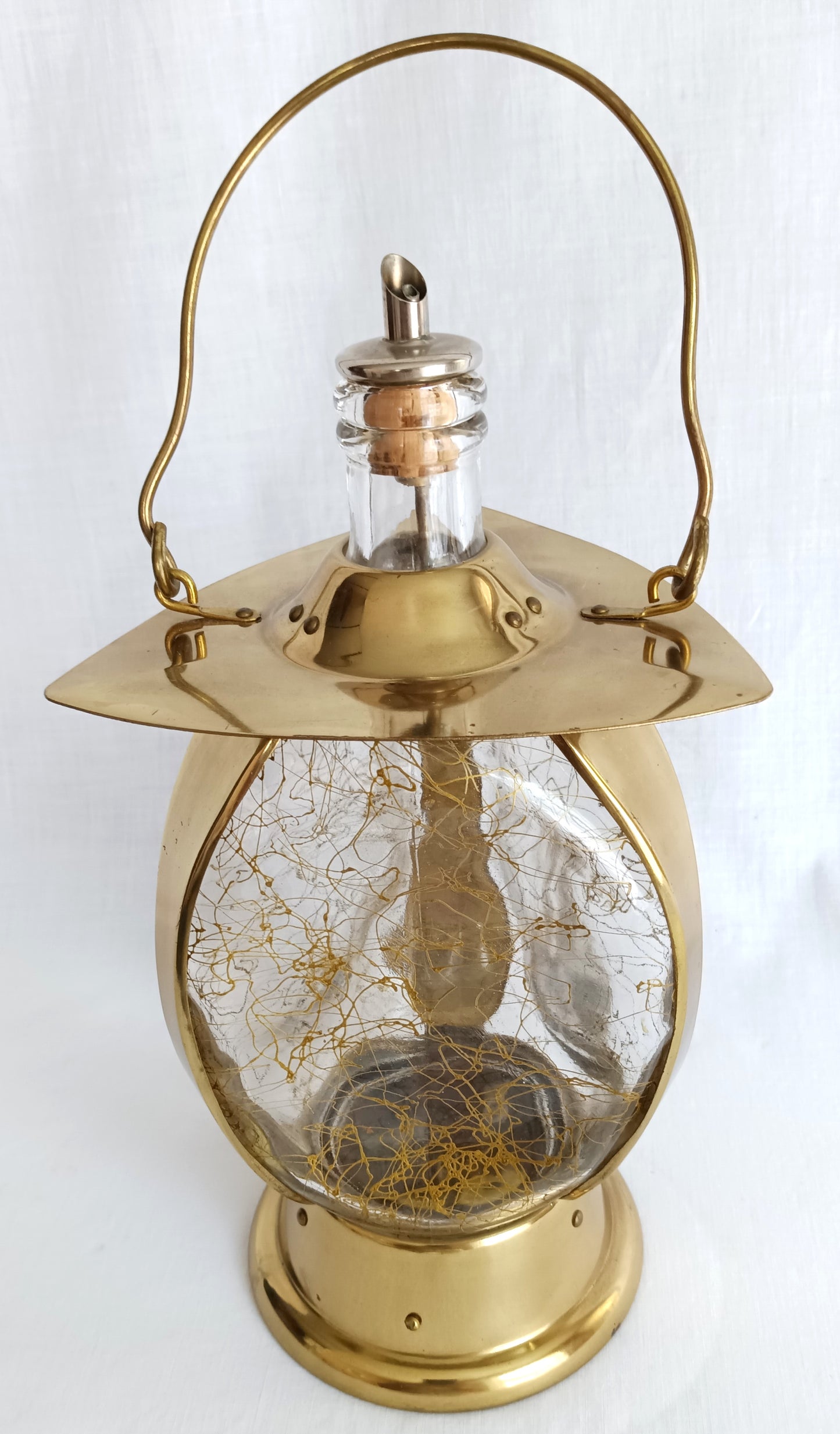 Vintage Mid Century Ship Lantern Liquor Decanter Brass Three-Sided d Glass Mechanical Music Box How Dry I Am Tune Novelty Barware–Japan-NOS