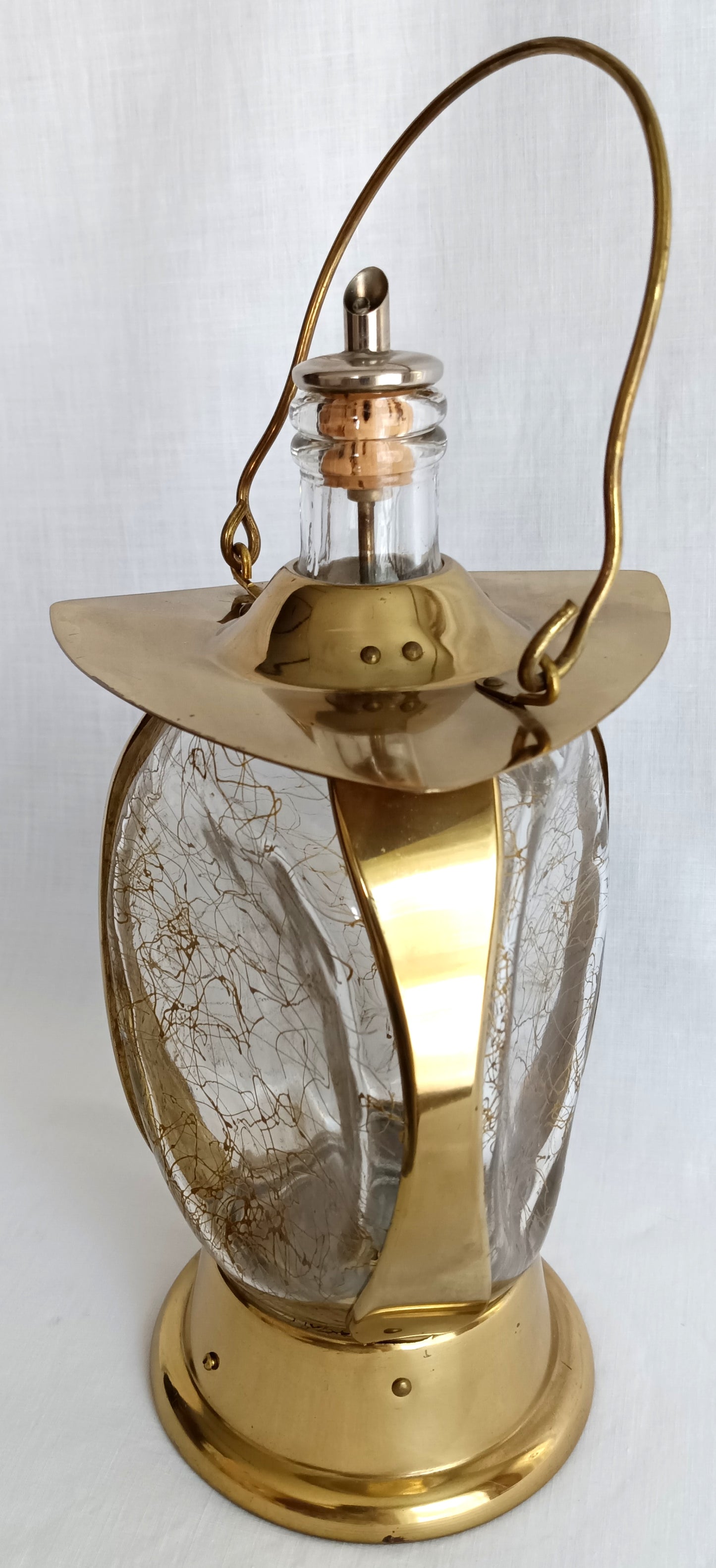 Vintage Mid Century Ship Lantern Liquor Decanter Brass Three-Sided d Glass Mechanical Music Box How Dry I Am Tune Novelty Barware–Japan-NOS