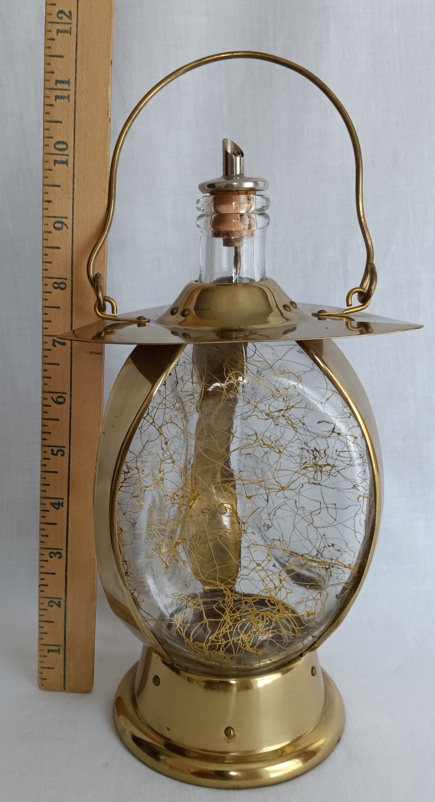 Vintage Mid Century Ship Lantern Liquor Decanter Brass Three-Sided d Glass Mechanical Music Box How Dry I Am Tune Novelty Barware–Japan-NOS