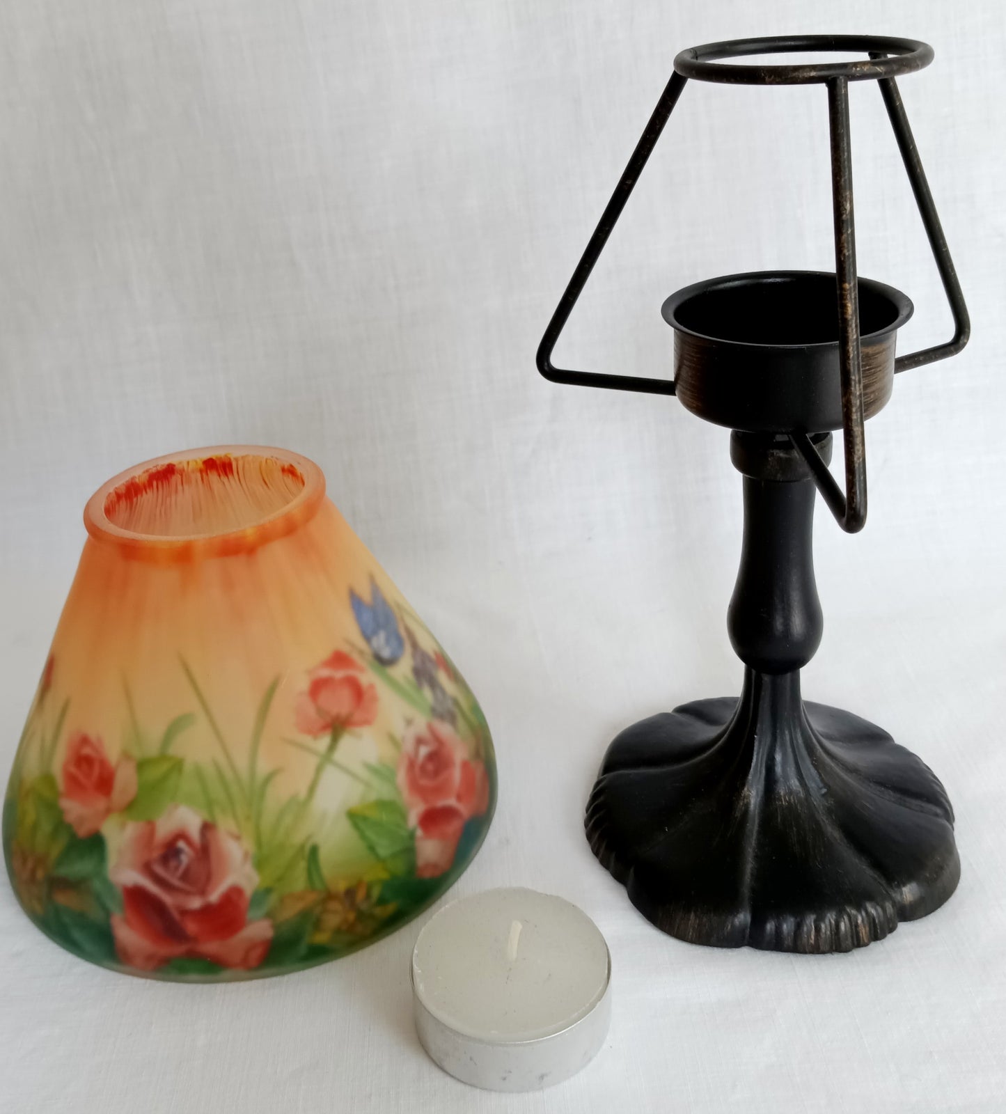 Vintage Art Nouveau Style Tea Light Candle Lamp Hand Painted Reverse Painted Glass Fairy Shade Floral Roses Butterflies –NOS