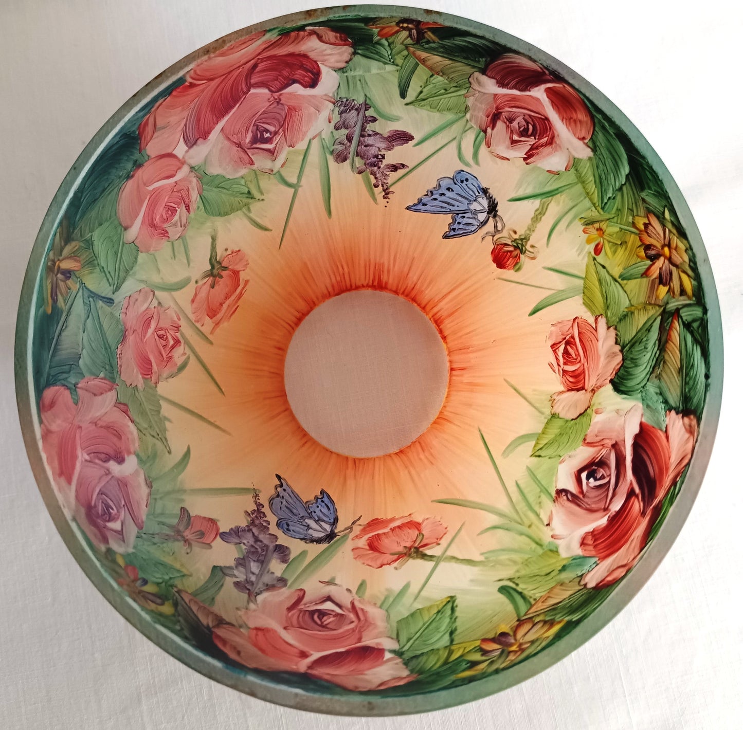 Vintage Art Nouveau Style Tea Light Candle Lamp Hand Painted Reverse Painted Glass Fairy Shade Floral Roses Butterflies –NOS