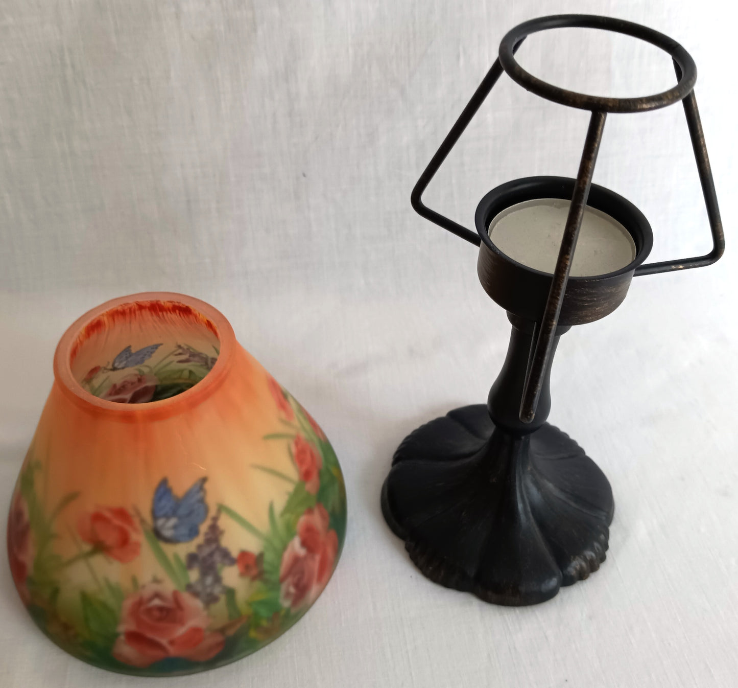 Vintage Art Nouveau Style Tea Light Candle Lamp Hand Painted Reverse Painted Glass Fairy Shade Floral Roses Butterflies –NOS