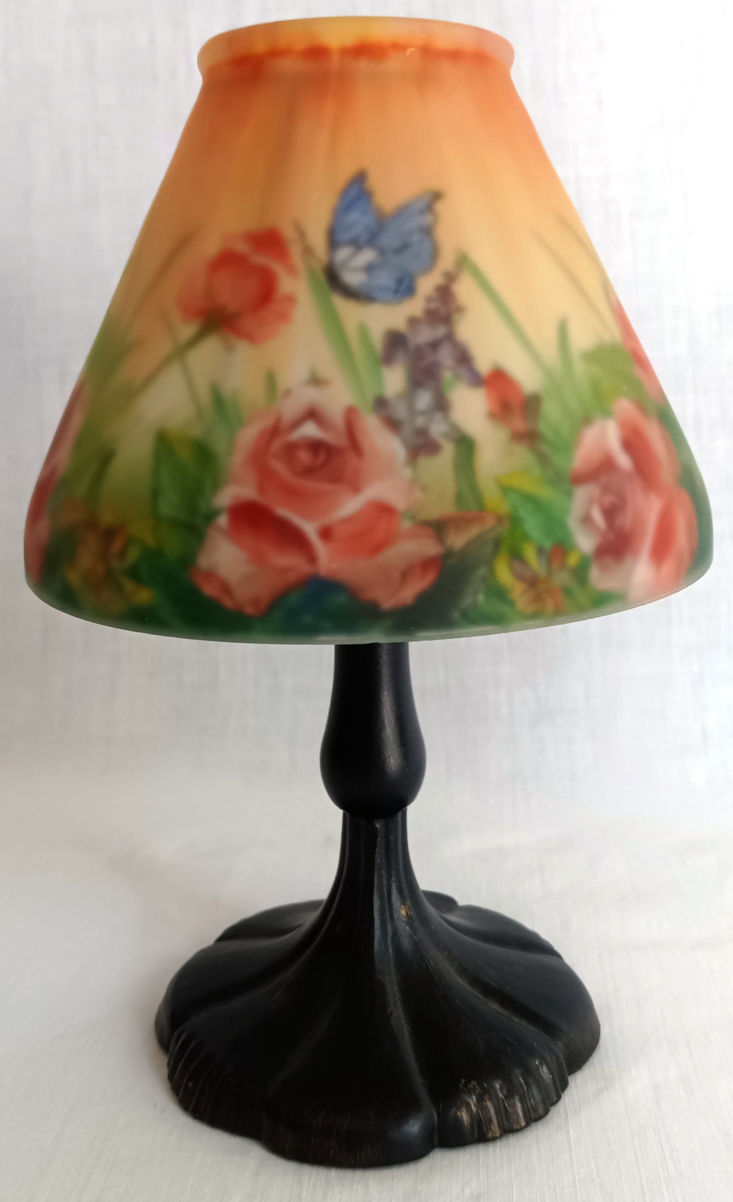 Vintage Art Nouveau Style Tea Light Candle Lamp Hand Painted Reverse Painted Glass Fairy Shade Floral Roses Butterflies –NOS