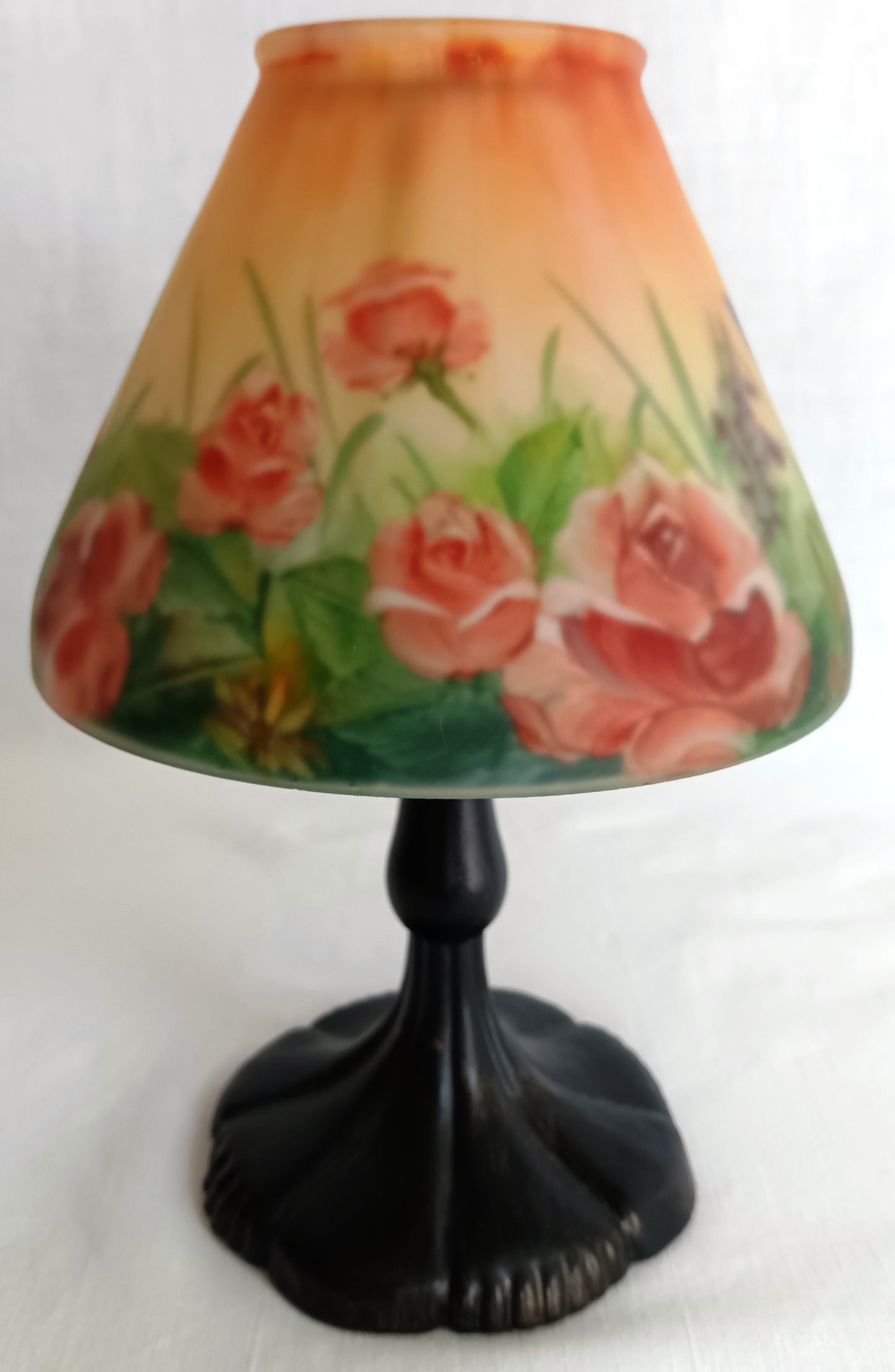 Vintage Art Nouveau Style Tea Light Candle Lamp Hand Painted Reverse Painted Glass Fairy Shade Floral Roses Butterflies –NOS