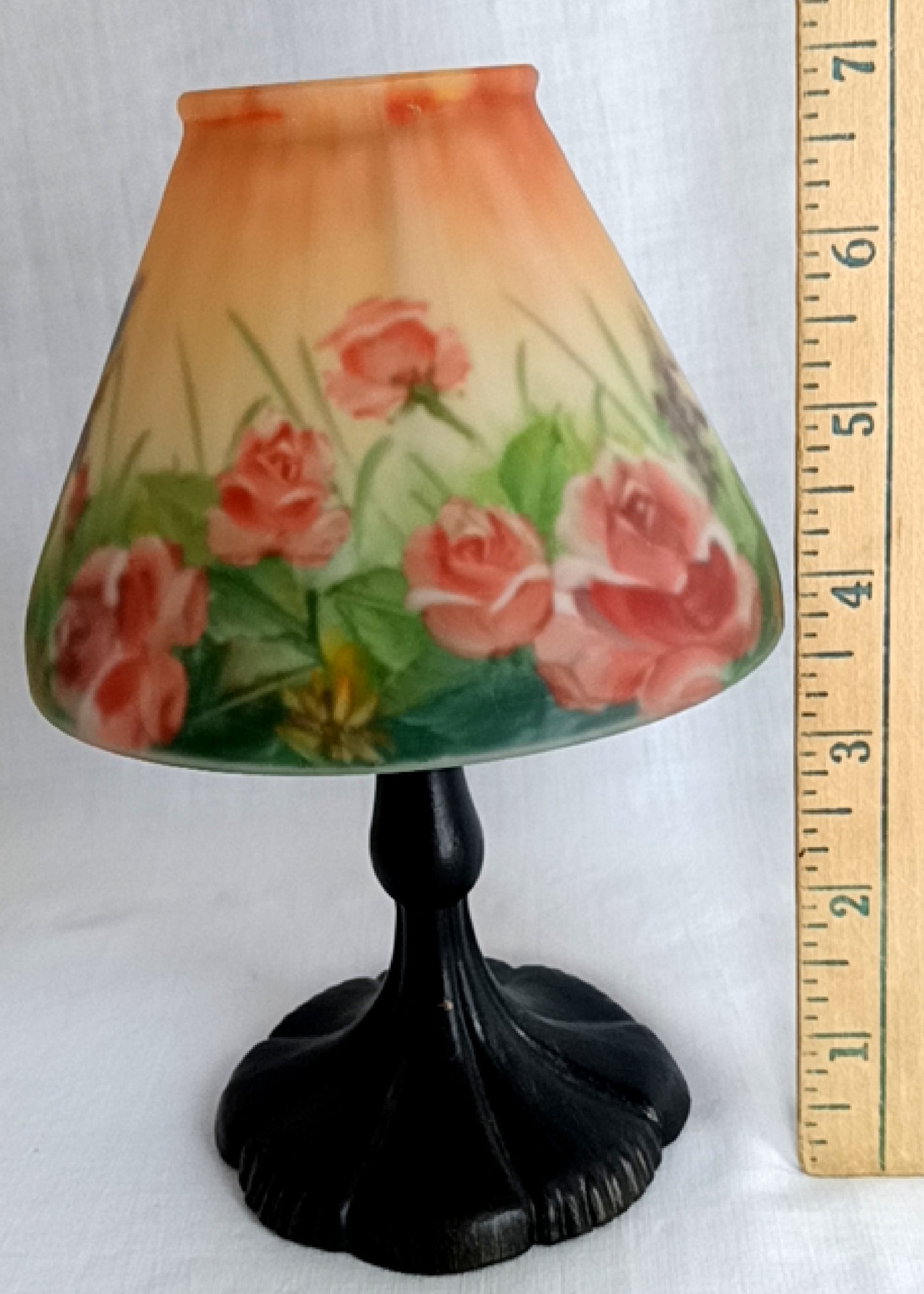 Vintage Art Nouveau Style Tea Light Candle Lamp Hand Painted Reverse Painted Glass Fairy Shade Floral Roses Butterflies –NOS