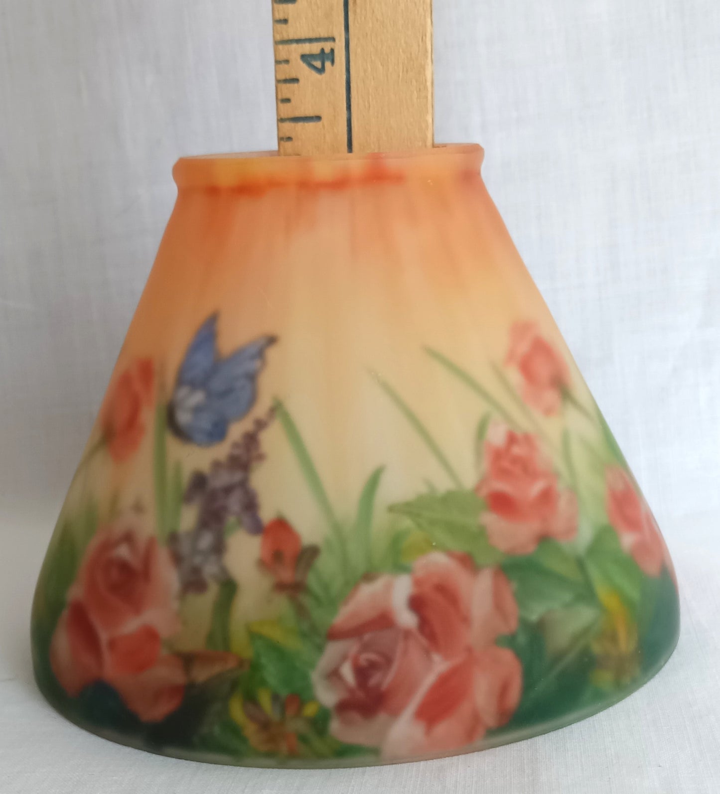 Vintage Art Nouveau Style Tea Light Candle Lamp Hand Painted Reverse Painted Glass Fairy Shade Floral Roses Butterflies –NOS