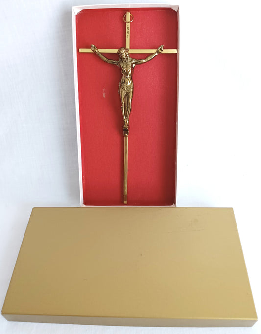 Vintage Slender Cross Catholic Wall Hanging Décor Jesus Christ Corpus Religious Crucifix Shiny Golden Metal 10 Inches Tall-NOS-NIB