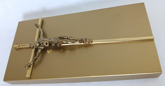 Vintage Slender Cross Catholic Wall Hanging Décor Jesus Christ Corpus Religious Crucifix Shiny Golden Metal 10 Inches Tall-NOS-NIB