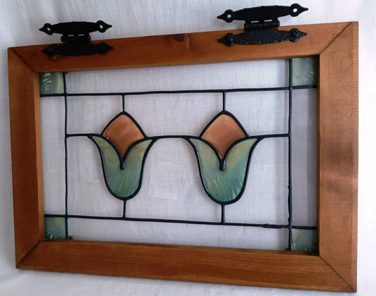 Vintage Arts& Crafts Small Wooden Framed Cabinet Door Window Transom Panel Plexiglas Minimalistic Floral Design Ornate Hinges