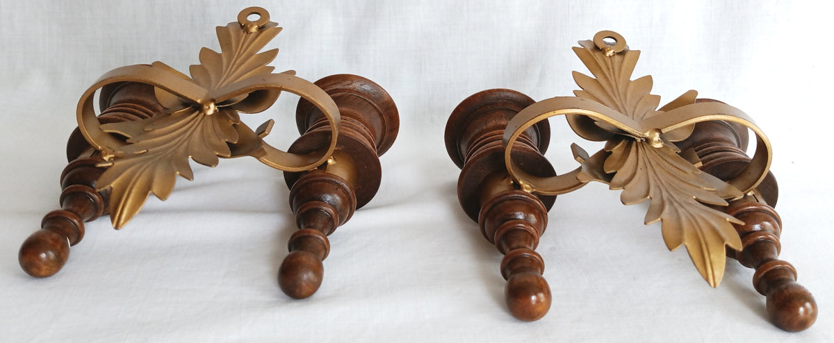 Vintage Wall Mounted Pair Homco Double Candle Holder Sconces Wood Brass Gold Leaf Accent