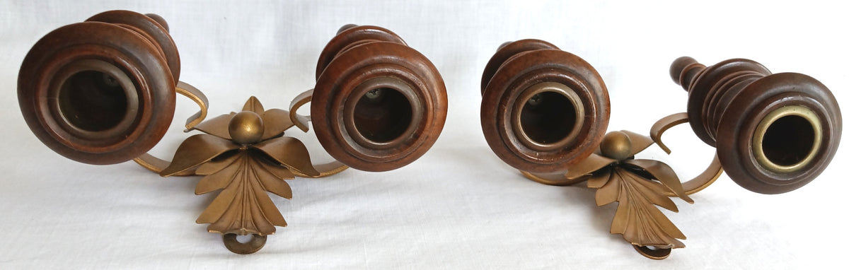 Vintage Wall Mounted Pair Homco Double Candle Holder Sconces Wood Brass Gold Leaf Accent