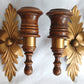 Vintage Wall Mounted Pair Homco Double Candle Holder Sconces Wood Brass Gold Leaf Accent