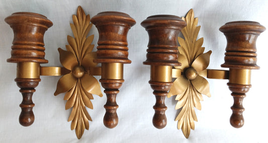 Vintage Wall Mounted Pair Homco Double Candle Holder Sconces Wood Brass Gold Leaf Accent